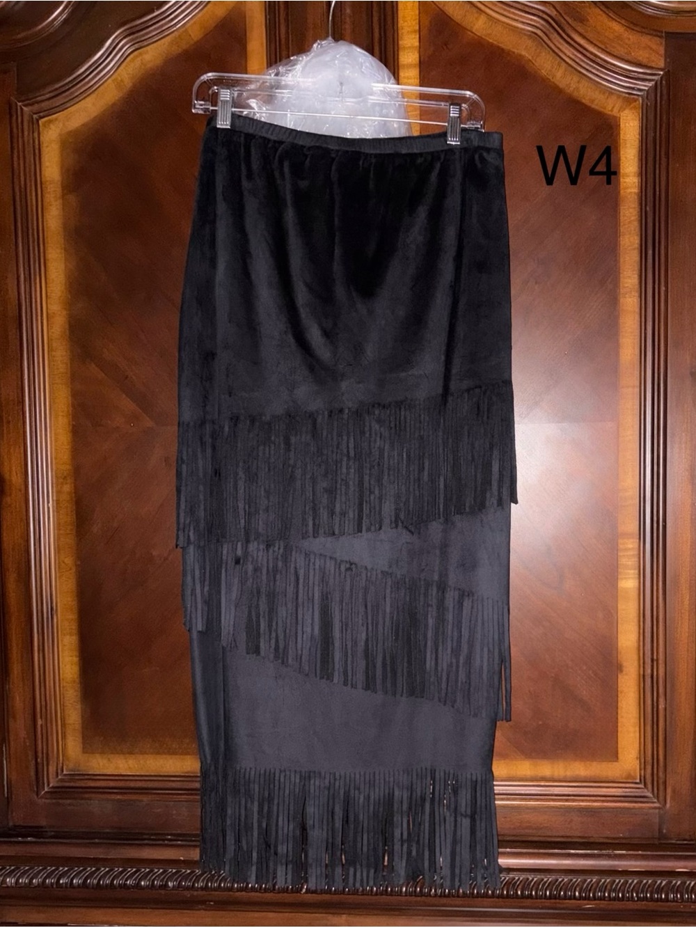 Sharon Young Black Asymmetrical Fringe Midi Skirt
